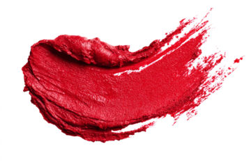 Closeup of a red lipstick smudge isolated on transparent background, a cosmetic product