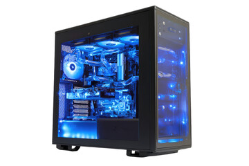 Dark computer case, lit with vibrant blue LEDs.  Visible internal components