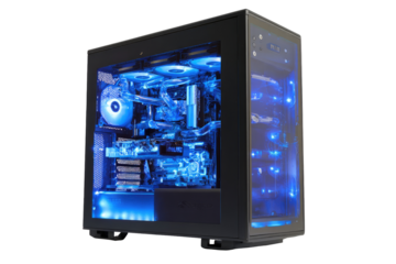 Dark computer case, lit with vibrant blue LEDs.  Visible internal components