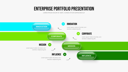 Modern Development Presentation Layout Vector Illustration. Market Performance 4 Step Diagram Slideshow Design. Company Visualization Four Element Infographic Slide Template.