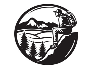 Hiker with Backpack Sitting on Rock with White Background and Mountain View