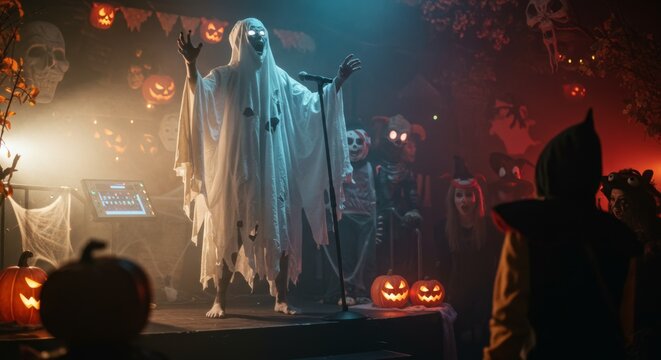 Man in ghost costume singing at Halloween party. Spooky performance onstage with pumpkin decorations. Costume event.