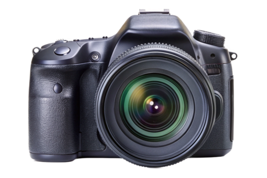 Professional dslr camera isolated on black for photography and videography projects transparent background