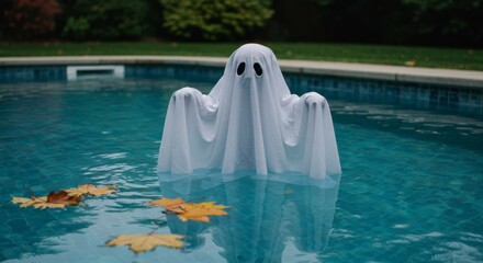 Ghost costume halloween decoration emerges from the water in a swimming pool on a dark autumn day for spooky fun.
