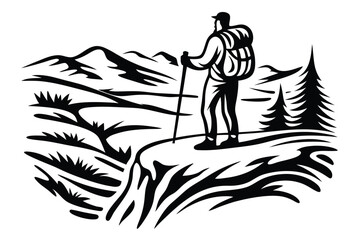 Hiking Man with Backpack, Mountains, Nature Landscape, Forest, Adventure,