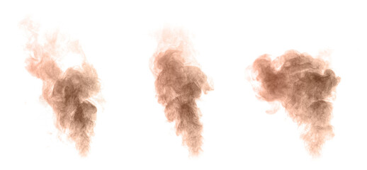 Brown dust cloud isolated on white background, abstract powder explosion texture for design, creative smoke effect element for digital art, backgrounds, overlays, and photo editing.
