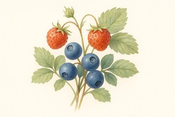 Vibrant strawberries and blueberries with green leaves in a natural setting