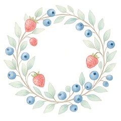 Fruit and leaf wreath design featuring strawberries and blueberries in soft watercolor style