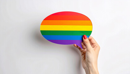 Hand Holding Rainbow Speech Bubble with LGBT Pride Colors as Symbol of Equality, Diversity, and Inclusion on White Background for Awareness, Support, and Representation of LGBTQ Community Rights