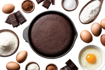 Overhead view of a dark chocolate cake, surrounded by baking ingredients
