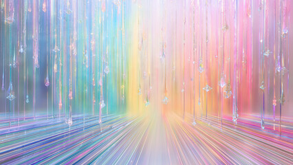 Abstract pastel rainbow light rays with sparkling crystal rain background