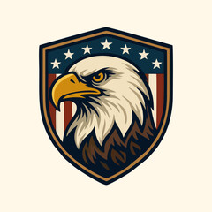 American Bald Eagle Shield Logo Design Illustration with US Flag Background – Symbol of Strength, Patriotism, and Protection