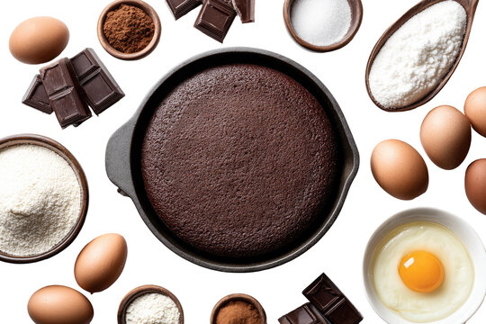 Overhead view of a dark chocolate cake, surrounded by baking ingredients