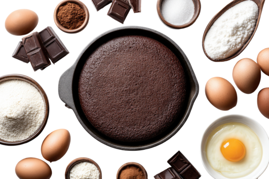 Overhead view of a dark chocolate cake, surrounded by baking ingredients