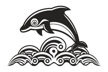 Leaping Dolphin Over Stylized Ocean Waves in Black and White Design