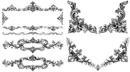 Obraz premium Vintage ornate corner frames and border elements with baroque scrolls and flourishes. Ideal for decorative designs, invitations, labels, and antique artwork.