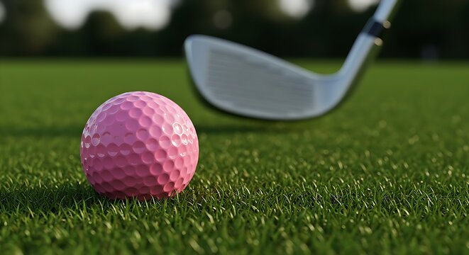 A pink golf ball on a green golf course with a golf club in Women's golf poster, Golf Tournament Flyer Template, created the background,