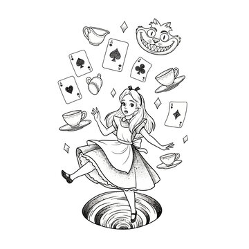 Black and white line art tattoo of Alice falling down the rabbit hole.