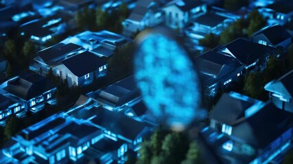 Magnifying glass showing futuristic digital city with circuit board pattern - Powered by Adobe