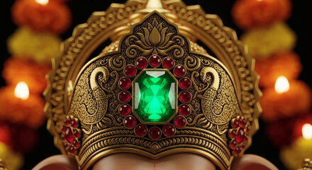Fototapeta premium Close-up of a gold and emerald headdress with red gems against a background of lit diyas