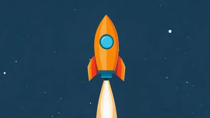 Orange rocket launching into outer space with stars