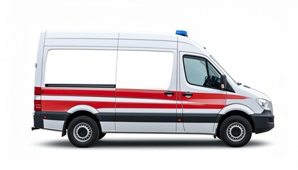 Side view of a white ambulance with red stripes and a blue light on top.