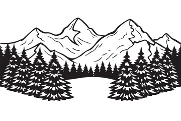 Minimalist Mountain with Pine Tree Forest on White Background Scenery