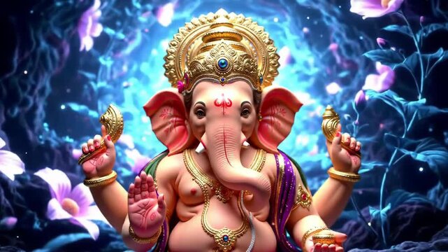 Detailed Illustration of Ganesha with golden crown, Hindu god, religious art, spiritual, blue and pink floral background.