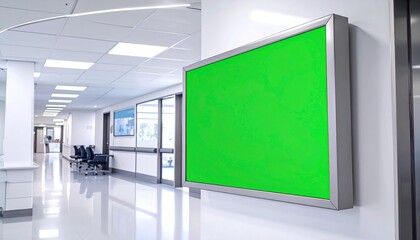 Hospital hallway with a green screen billboard on the wall.