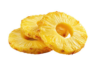 Three slices of golden yellow pineapple, arranged in overlapping circles, against a black background.  The slices are thinly cut, revealing the interior flesh and a slightly browned edge.  