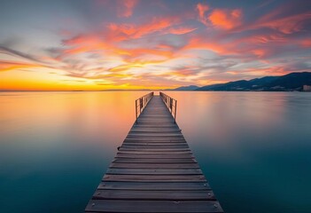 Obraz premium Long exposure of wooden pier extending into calm Adriatic Sea at sunset, Budva, Montenegro, Adriatic Sea, twilight
