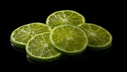 Fresh lime slices arranged against a black background highlight their bright green color, juicy texture, and refreshing citrus flavor, creating a striking contrast perfect for food, drinks, and more