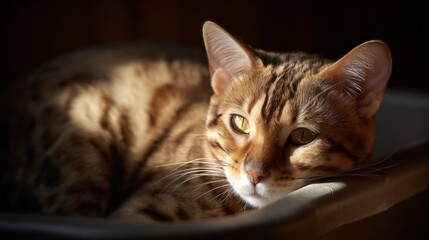 Compliant Bengal cat relaxing in a cozy litter box in a warm indoor environment