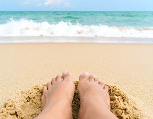 Bare feet on sandy beach, ocean view