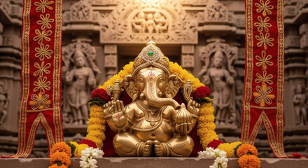 Fototapeta premium Golden statue of Ganesha with floral garlands in a temple with stone carvings