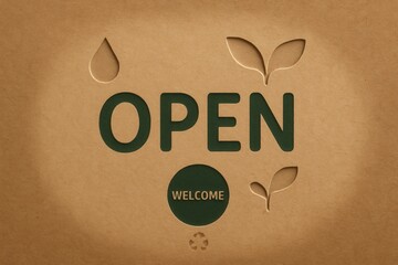 OPEN welcome sign with eco-friendly design and natural elements, inviting retail promotion vibes on a textured background.