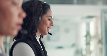 Contact us, headset and support with woman in call center together for feedback or virtual assistance. Customer service, mic and typing with people in coworking office for communication or help - Powered by Adobe