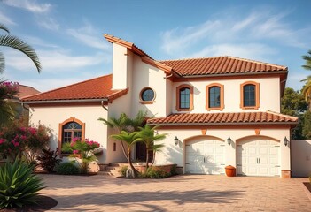 Mediterranean style house, terracotta tile roof, new, exterior