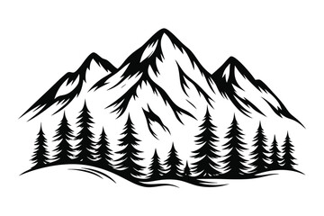 Monochrome Mountainscape with Forest, Peaks and Silhouette on White Background