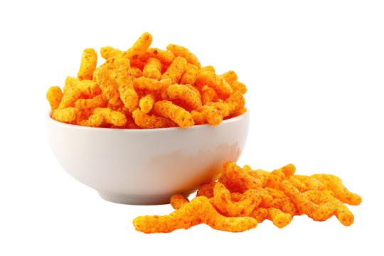 Crispy, orange snack in a white bowl