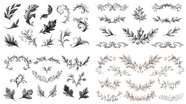 Set of vintage ornamental leaf flourishes and scroll elements. Elegant baroque botanical illustrations perfect for decorative design, invitations, and antique artwork.