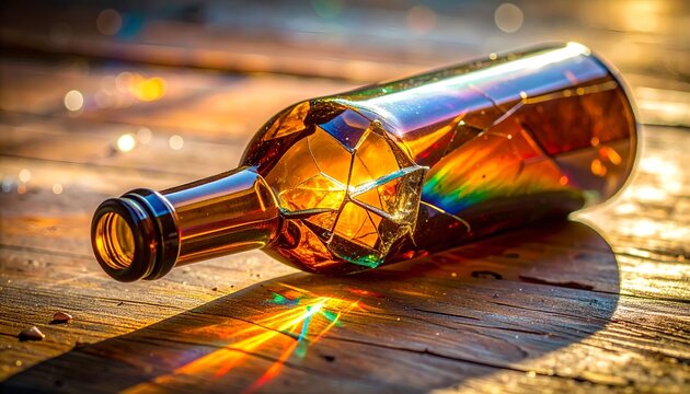 Macro of light reflecting through a cracked amber-colored glass bottle, creating frac