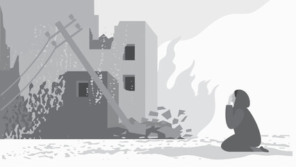 Black and white vector illustration of crying woman in war-torn ruined city.