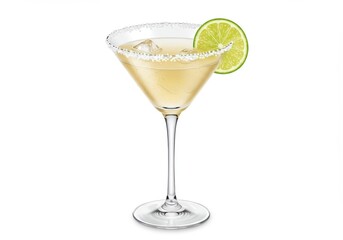 Fototapeta premium A delectable cocktail, a light golden yellow margarita, garnished with a lime wedge, sits in a martini glass, perfectly displayed against a plain white background.