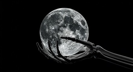 Mysterious skeletal hand grasping a glowing full moon against a dark night sky