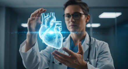 Cardiologist Doctor with Digital Human Heart Hologram in Hospital, Cardiology Healthcare and Medical Innovation Technology Concept