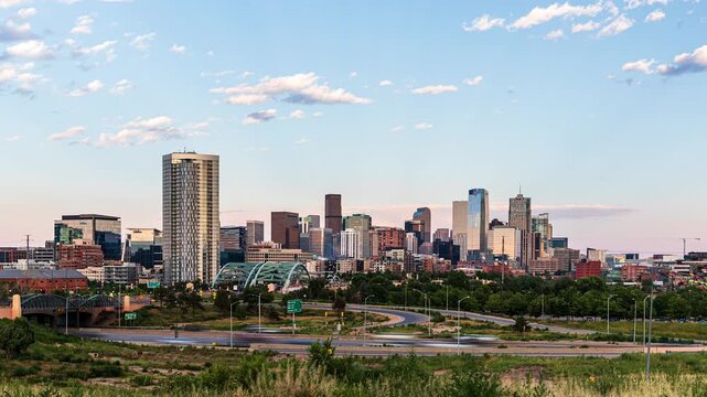 Downtown Denver Skyline Day to Night Time Lapse with 25 Freeway