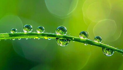 A macro shot of dew drops forming tiny landscapes on blade of grass, high-detail natu