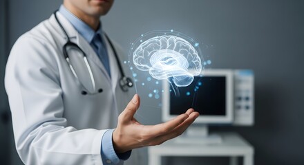 Neurologist Doctor with Digital Brain Hologram in Hospital Clinic, Neuroscience Healthcare and Medical Innovation Technology Concept