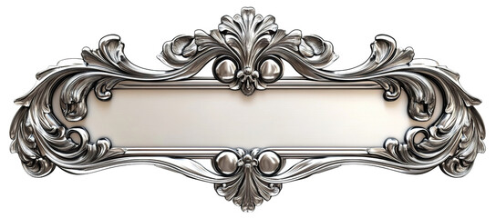 Baroque silver nameplate with ornate floral embellishments and elegant metallic luster, isolated on